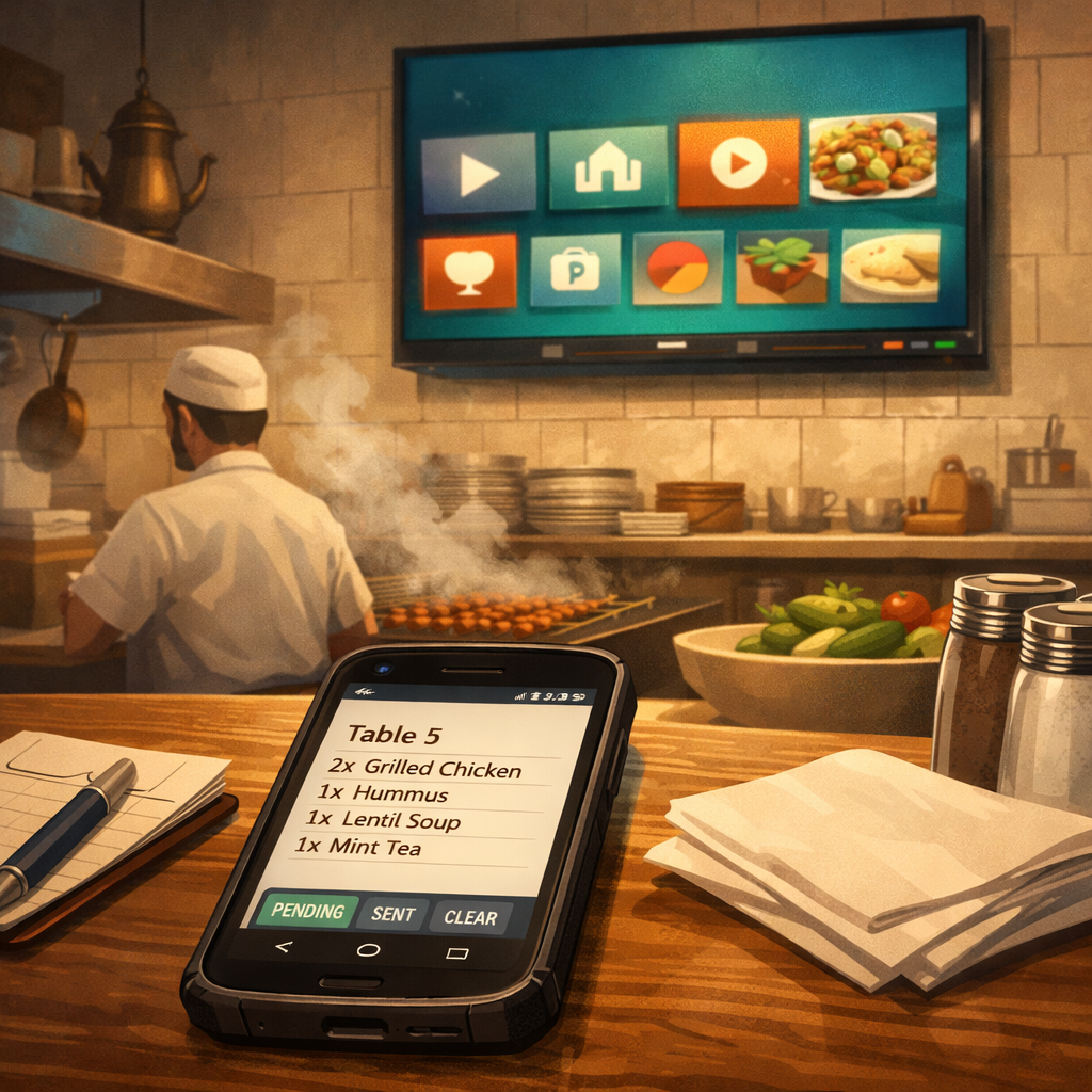 Jasmine RMS Waiter Pad on Android phone and Kitchen Display System on Android Smart TV for affordable restaurant setups